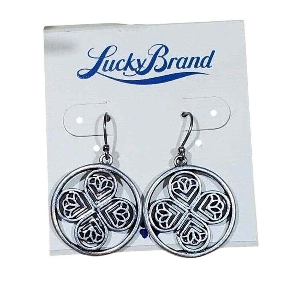 Lucky Brand Silver Tone Floral Openwork Circle Drop Earrings Fishhook Boho